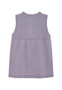 Lila ärmelloses Oberteil aus weichem Strick, mit einem gerafften Peplum-Stil, gewelltem Ausschnitt und Saum, sowie einer durchgehend glatten Textur.