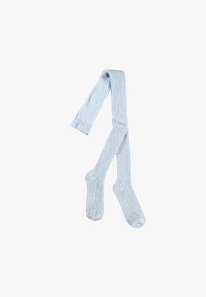 Vaaleansiniset ribbikudokset, jotka on valmistettu pehmeästä kankaasta. Ne ovat sileäpintaiset ja mukautuvat hyvin vartalon muotoihin, ulottuen vyötäröstä varpaisiin.