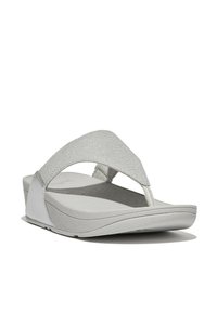 Grijze flip-flop sandaal met een textured band en een gevoerd voetbed. Het ontwerp heeft een wiggenhak en een gladde buitenkant.