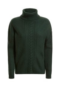 Pull tricoté vert foncé avec un col haut, présentant une texture côtelée et un motif torsadé le long du centre et des côtés.