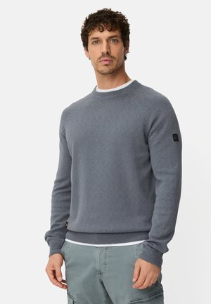Gray sweater made of knit fabric, featuring a crew neckline, ribbed cuffs, and hem, with a subtle pattern on shoulder seams.
