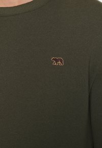 Suéter de color verde oscuro con cuello acanalado, que presenta un pequeño logo de un oso marrón en el lado izquierdo del pecho. Tejido suave y texturizado.