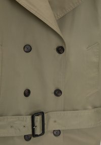 Dubbele rij knoopjes olijfgroene trenchcoat met een ceintuur in de taille, grote revers en donkere knopen; bevat een zijzak en een gladde textuur.