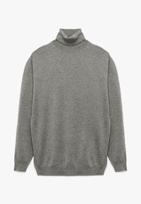 Grauer Rollkragenpullover mit weichem Material, geripptem Ausschnitt und Saum. Die Rückansicht zeigt ein einfaches, pulloverartiges Design mit langen Ärmeln.