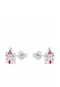 Chiazze d'argento a forma di casa, con pareti rosa, finestre blu e una porta rossa. Dettagli includono una corona e accenti decorativi.