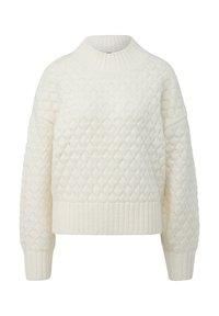 Weißer Strickpullover mit Diamantmuster, geripptem Rundhalsausschnitt und Bündchen sowie einem leicht verkürzten Saum. Weiche Textur mit lockerem Schnitt.