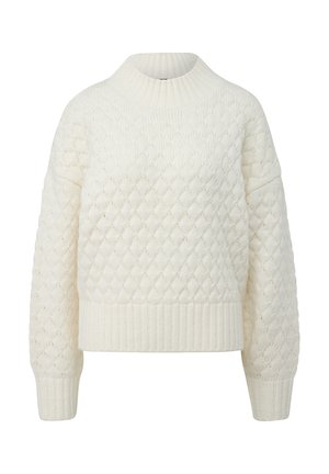 Biały sweter z dzianiny z wzorem diamentowym, żebrowanym dekoltem i mankietami oraz lekko skróconym dołem. Miękka tekstura i luźny krój.