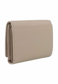 Portafoglio in pelle beige con superficie texturizzata, design bi-fold e cuciture visibili lungo i bordi. Forma compatta e rettangolare.