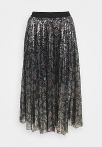 Falda negra de pliegues con brillantes lentejuelas, que presenta un diseño texturizado y una cinturilla suave y elástica. El degradado de color hace la transición a tonos más oscuros.