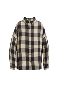Black and cream plaid flannel shirt with a button-up front, collar, long sleeves, and a chest pocket. Soft texture and relaxed fit.