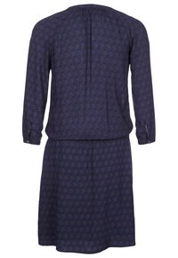 Navy dress with long sleeves, circular pattern, gathered neckline, and a fitted waist, featuring a soft fabric and subtle sheen.