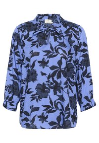 Blouse florale bleue avec motif de fleurs et de feuilles noires, dotée d'un col en trou de serrure, de manches trois-quarts et de poignets froncés.
