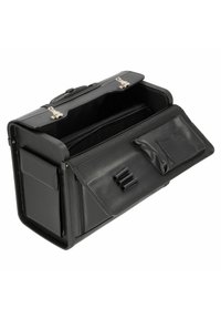 Black leather briefcase with a structured shape, featuring silver hardware, multiple compartments, and interior pockets for organization.