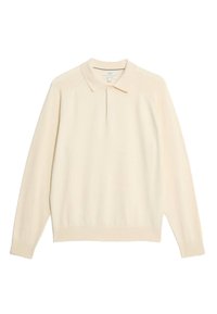 Cremefarbiges langärmliges Poloshirt mit einer Knopfleiste und gerippten Bündchen und Saum, auf einem schlichten weißen Hintergrund präsentiert.