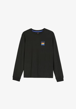 Czarna koszulka z długim rękawem wykonana z bawełny, z okrągłym dekoltem. Posiada niebieską i pomarańczową naszywkę graficzną z logo na klatce piersiowej.