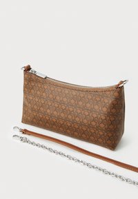 Brown patterned handbag with a zip closure and silver hardware. Features a detachable brown leather strap and a chain strap for versatility.
