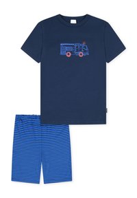 Granatowy t-shirt z krótkim rękawem z grafiką wozu strażackiego w niebiesko-pomarańczowych kolorach. Niebieskie szorty w paski z elastycznym pasem. Materiał bawełniany.