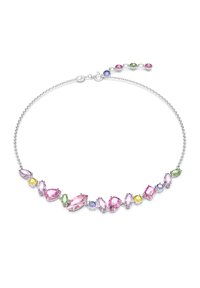 Silver-toned necklace featuring various gemstones in pink, green, yellow, and purple, with marquise and round cuts, linked by delicate chains.