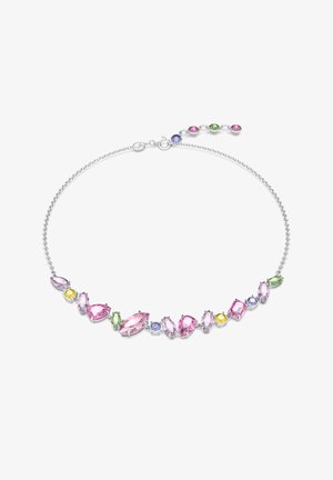 Silvrig halsband med olika ädelstenar i rosa, grön, gul och lila, med marquise- och rundade snitt, länkade med fina kedjor.