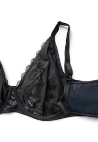 Reggiseno con bordo in pizzo nero, coppe in rete trasparente, spalline in satin regolabili e fascia opaca liscia. Presenta un motivo floreale sulla rete.