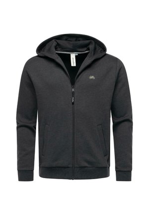 Dark gray zip-up hoodie made of soft fabric. Features a drawstring hood, two front pockets, and a bicycle logo on the chest.