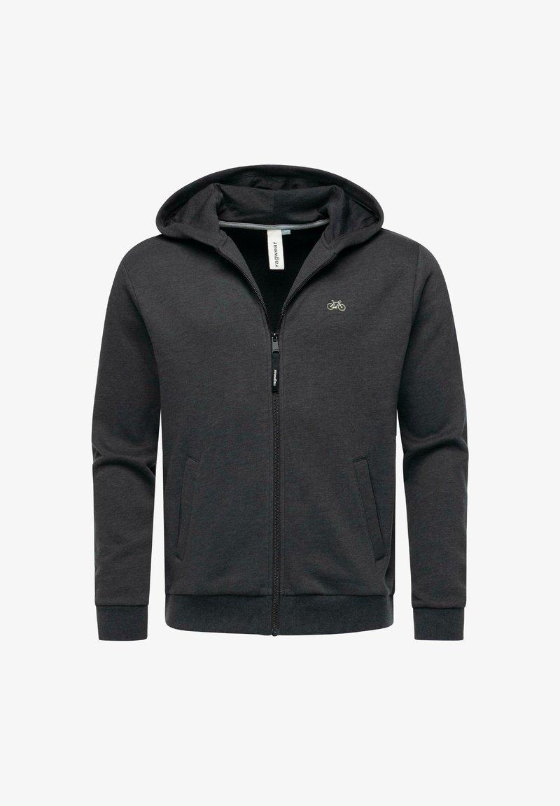 Felpa con zip grigia scura realizzata in tessuto morbido. Presenta un cappuccio con cordino, due tasche anteriori e un logo di bicicletta sul petto.