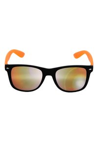 Black-framed sunglasses with reflective orange-tinted lenses and bright orange curved temple tips against a white background.