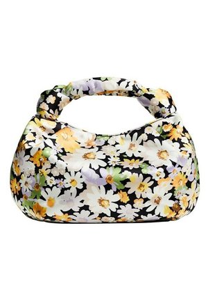 Bolso pequeño con asa torcida, fondo negro y patrón floral en blanco, amarillo, verde y púrpura.