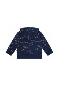 Felpa blu navy in cotone, con un motivo a fumetti bianco di cani. Ha una tasca frontale e un cappuccio con coulisse e polsini a righe.
