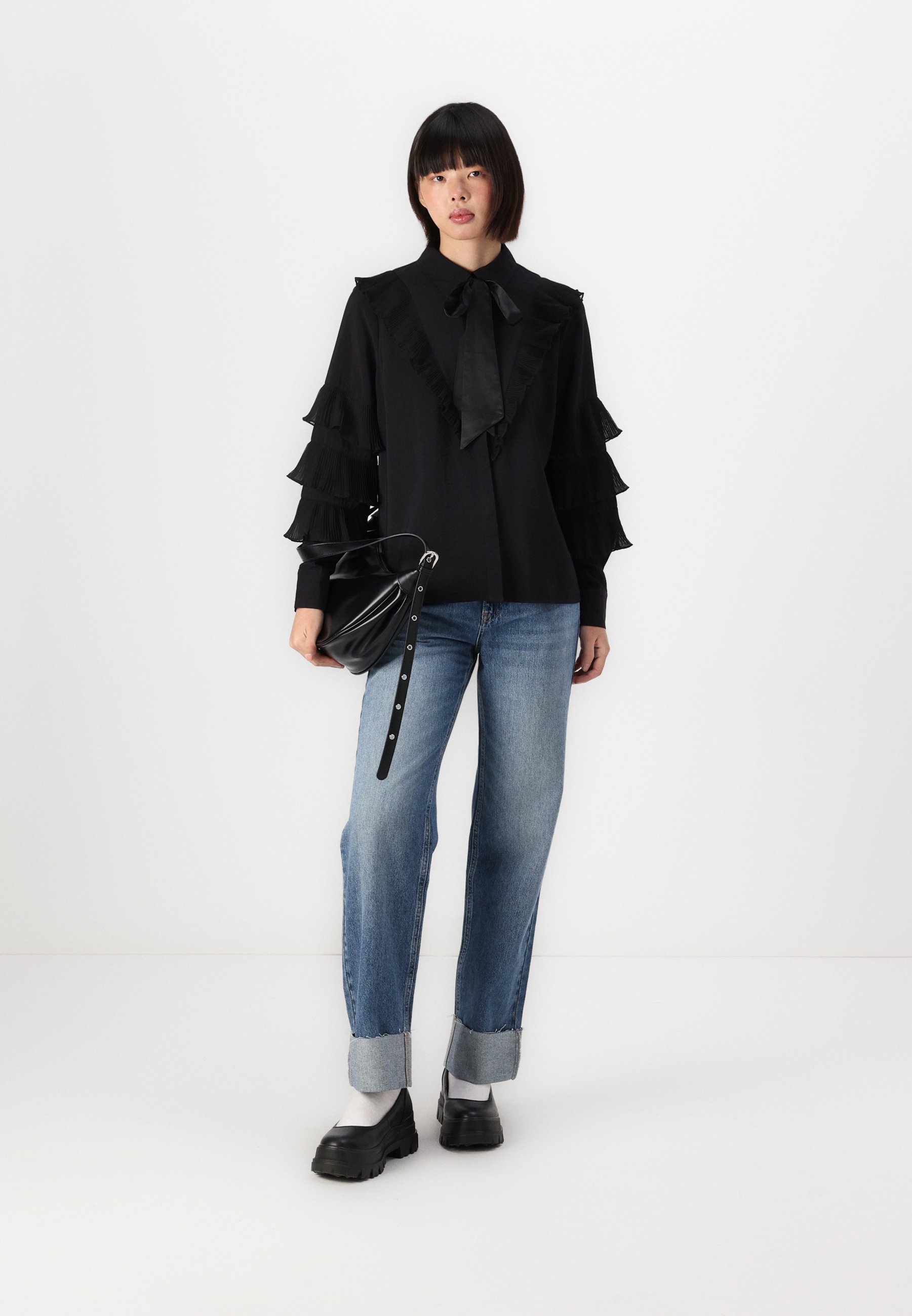 売れ筋商品|||ヤス シャツ レディース トップス YASVEGO TIE NECK SHIRT - Button-down blouse - black YAS YASVEGO TIE NECK SHIRT - Button-down blouse - black