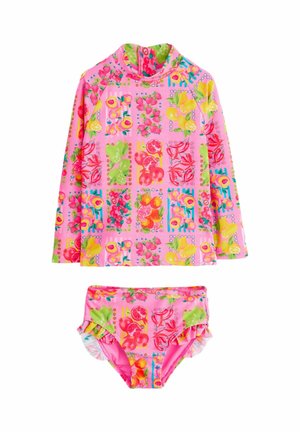 Bluză protectoare roz cu mâneci lungi și slip de bikini asortat cu imprimeu colorat de fructe și flori pentru copii.