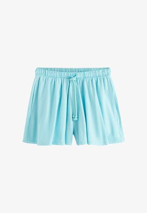 Pantaloni scurți largi de culoare albastru deschis, cu talie elastică și șnur frontal, având buzunare laterale și material moale și fluid.