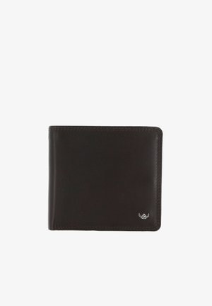 Schwarzes Leder-Bifold-Portemonnaie mit sichtbarer Naht und kleinem silbernem Logo in der unteren rechten Ecke auf weißem Hintergrund.