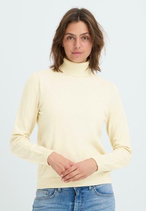 Helles gelbes Rollkragensweatshirt aus weichem, gestricktem Stoff. Figurbetontes Design mit langen Ärmeln und gerippten Bündchen und Saum.