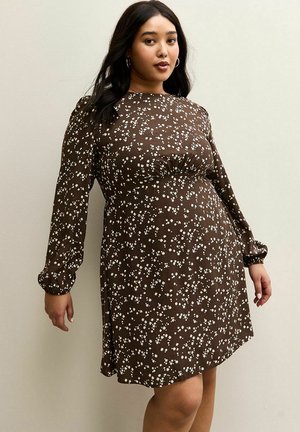 CURVES  FLORAL PRINT LONG SLEEVE MINI  - Robe de jour - brown pattern