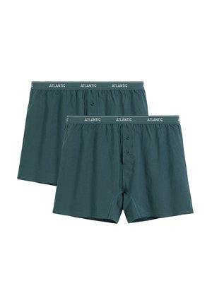 Dwie pary ciemnoturkusowych bokserek męskich z guzikiem na kroku i elastyczną talią z napisem "ATLANTIC" na białym tle.