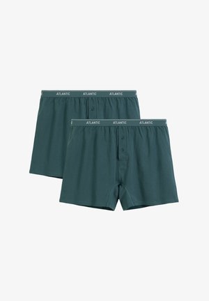 Dwie pary ciemnoturkusowych bokserek męskich z guzikiem na kroku i elastyczną talią z napisem "ATLANTIC" na białym tle.