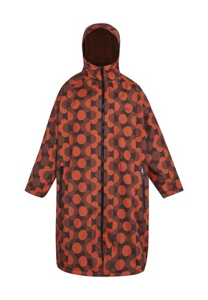Imperméable à capuche long marron et orange à pois, avec fermeture éclair frontale et poches latérales zippées, intérieur de la capuche doublé en polaire.