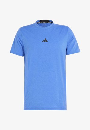 T-shirt d'entraînement Adidas bleu à manches courtes avec col rond et logo Adidas noir centré sur la poitrine.