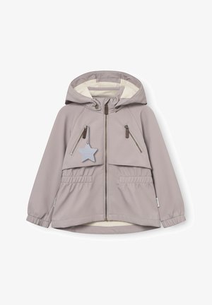 Chaqueta con capucha para niños de color gris claro, con cremallera frontal, dos bolsillos diagonales con cremallera, puños elásticos y un llavero en forma de estrella en el bolsillo del pecho.