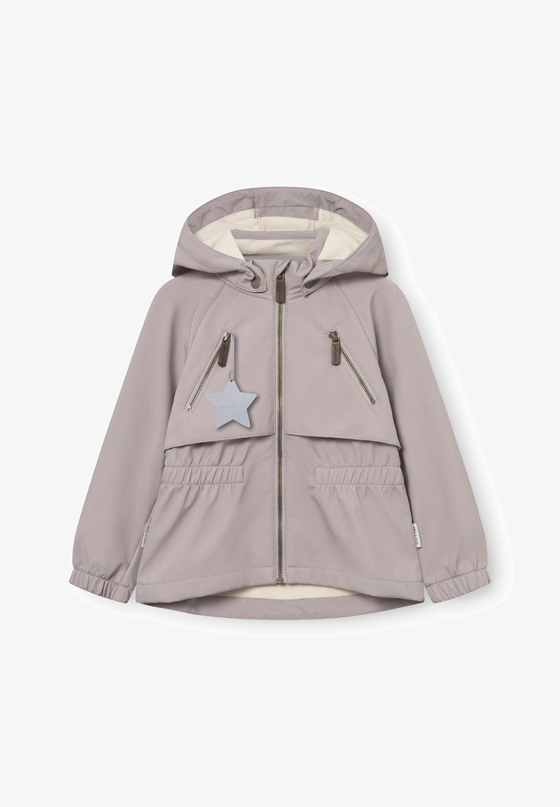 Ανοιχτό γκρι παιδικό μπουφάν με κουκούλα, εμπρόσθιο φερμουάρ, δύο διαγώνιες τσέπες με φερμουάρ, ελαστικά μανίκια και μπρελόκ σε σχήμα αστεριού στην τσέπη του στήθους.