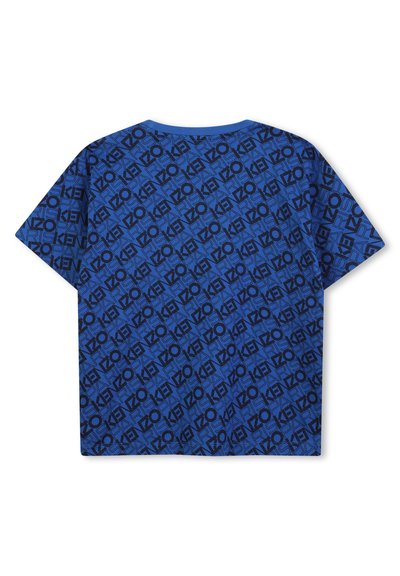 T-shirt en coton bleu avec un motif logo noir répété, col rond, manches courtes et coupe décontractée. Convient pour une tenue décontractée.