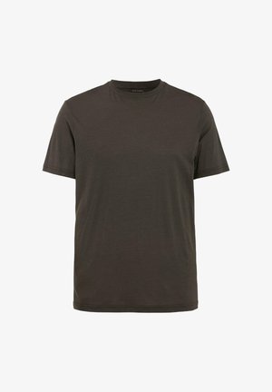 Donkergrijs T-shirt met korte mouwen en ronde hals, met een effen ontwerp en standaard pasvorm, weergegeven op een witte achtergrond.