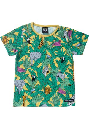Children's short-sleeve yellow shirt with green jungle leaves and illustrated animals including elephants, giraffes, tigers, flamingos, zebras, toucans, and rhinos.
