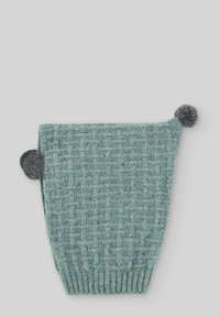Pochette en tricot teal avec un motif de tissage texturé, présentant un accent de pompon gris foncé sur un côté et un poignet côtelé en bas.