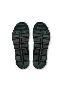 Fekete és sötétzöld futócipő talp, texturált tapadó felülettel, kiemelkedő gumikockákkal és középső támasztószerkezettel.