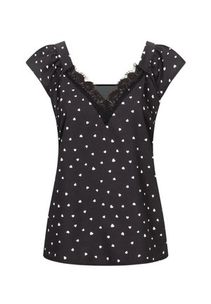 Black top with white heart pattern, lace trim along the V-neckline, and puff sleeves, made from a soft cotton blend fabric.