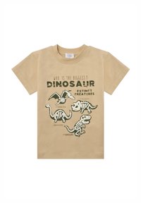 Beige Baumwoll-T-Shirt mit Dinosaurier-Skelettgrafiken in grün, über vier Illustrationen steht der Text "Wer ist der Größte? Ausgestorbene Kreaturen".