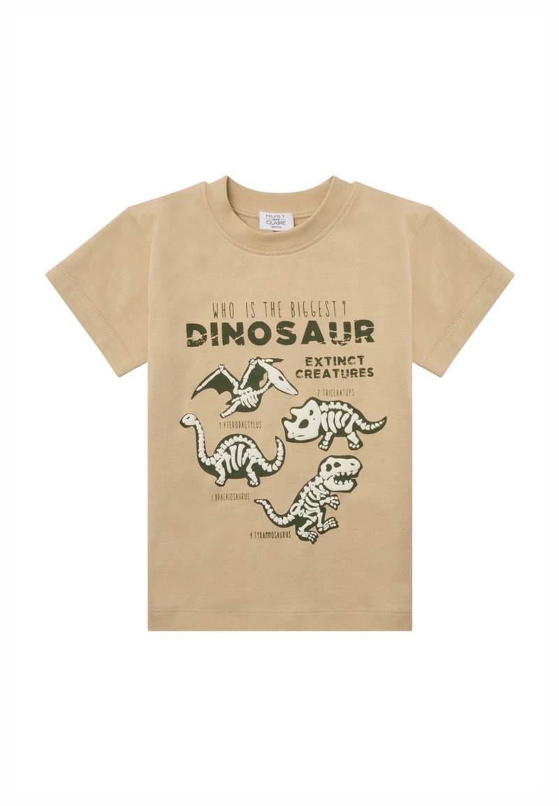 Beige Baumwoll-T-Shirt mit Dinosaurier-Skelettgrafiken in grün, über vier Illustrationen steht der Text "Wer ist der Größte? Ausgestorbene Kreaturen".