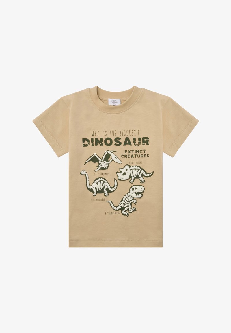 Beige Baumwoll-T-Shirt mit Dinosaurier-Skelettgrafiken in grün, über vier Illustrationen steht der Text "Wer ist der Größte? Ausgestorbene Kreaturen".